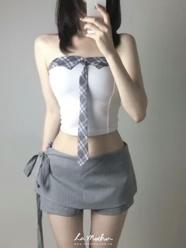 中腰綁帶條紋褲裙
